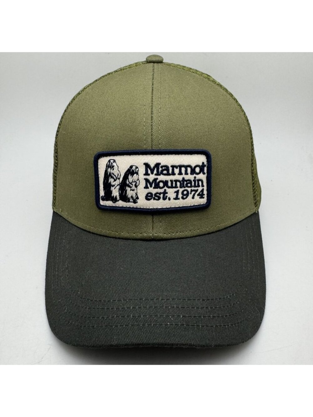 Marmot Mountain Trucker Hat Olive Green Dark Grey Snapback Mesh Cap Outdoor